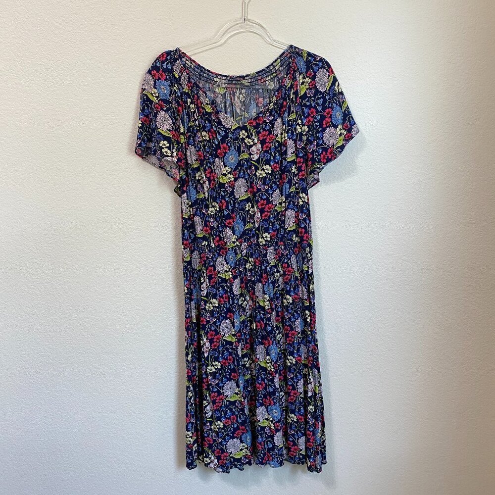 Talbots Navy Floral Butterfly Midi Dress 2X Tea Length Flutter Sleeve Viscose - Picture 2 of 7
